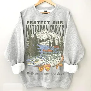 Women's 90s National Parks Cotton Sweatshirt - Light Polyester Fabric, Respect Local Wildlife Graphic, Granola Girl Hiking/Camping Pullover, Street Style Crewneck, Fits Casual Wear