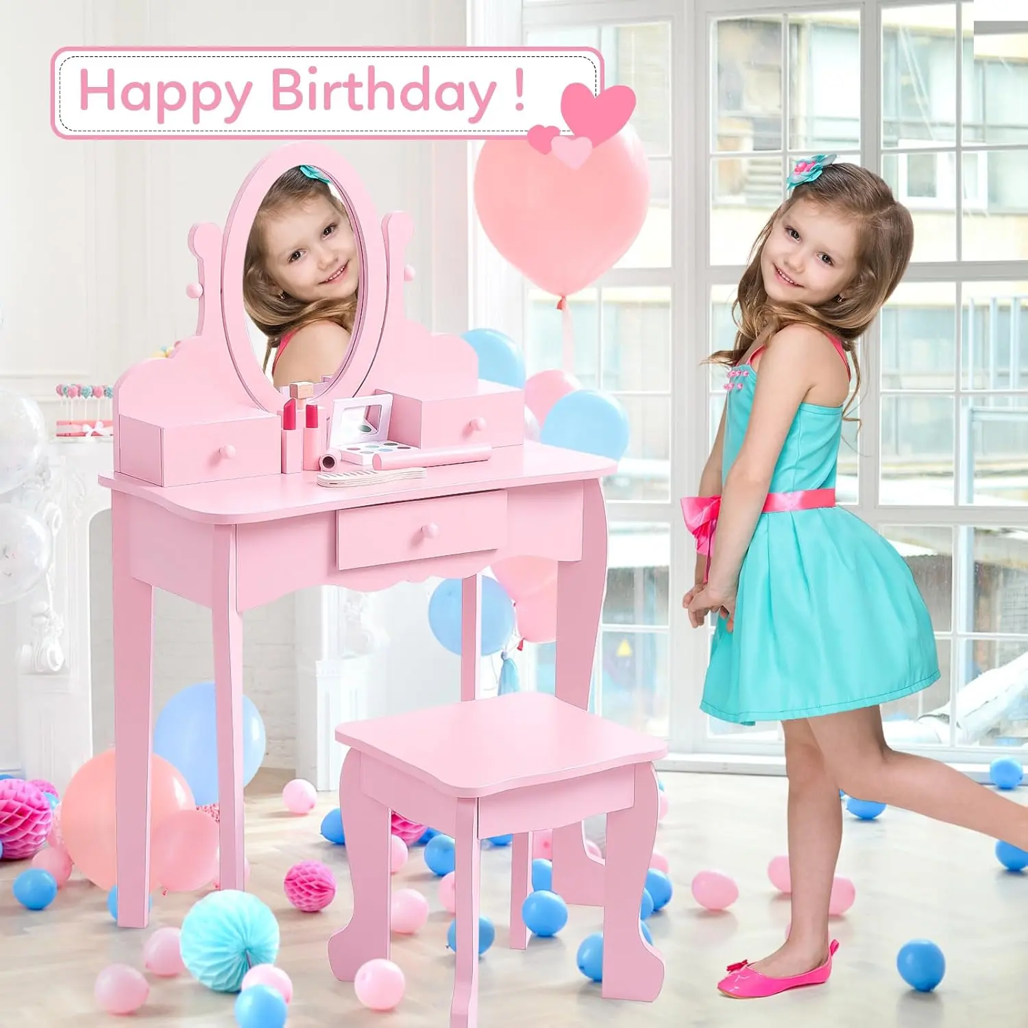 Pink Girls' Makeup Vanity Table with Mirror - Wooden Dressing Table Set, Includes Single Seat Stool, Realistic Makeup Toy, Indoor Furniture for Dress Up Area