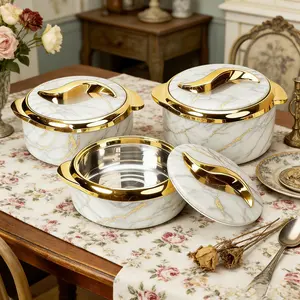 3-piece set of Scandinavian marble pattern insulated pot with gold trim and lid, home dining table thermal food bowl, food preservation box