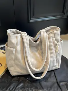 Women's Solid Color Corduroy Tote Bag, Casual Fashionable Large-Capacity Shoulder Bag for Daily Use, Girl's Trendy Versatile High-Quality Bag for Commuting and Shopping