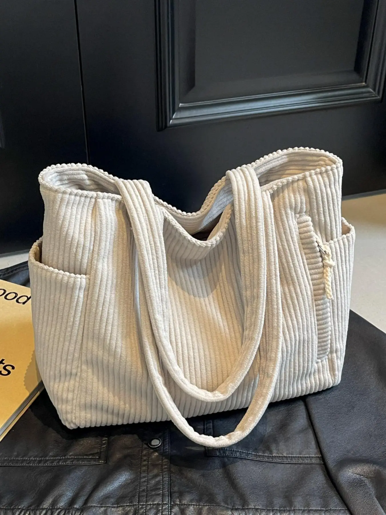 Women's Solid Color Corduroy Tote Bag, Casual Large Capacity Shoulder Bag for Daily Used, Trendy Versatile High-quality Daily Commuting Bag, Girl Fash