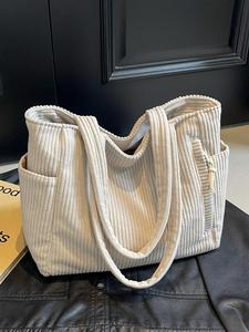 women's solid color minimalist corduroy totes bag, casual large capacity shoulder bag for daily used, trendy versatile high-quality daily commuting bag, soft commuter lightweight tote bag, unique gifts for women