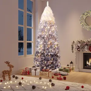 7.5 ft Prelit Artificial Christmas Tree with RGB & Warm White Lights, Pre-Lit Snow Flocked Pencil Christmas Tree, Foldable Base,Holiday Decoration for Home, Office, Party,Purple Gradient