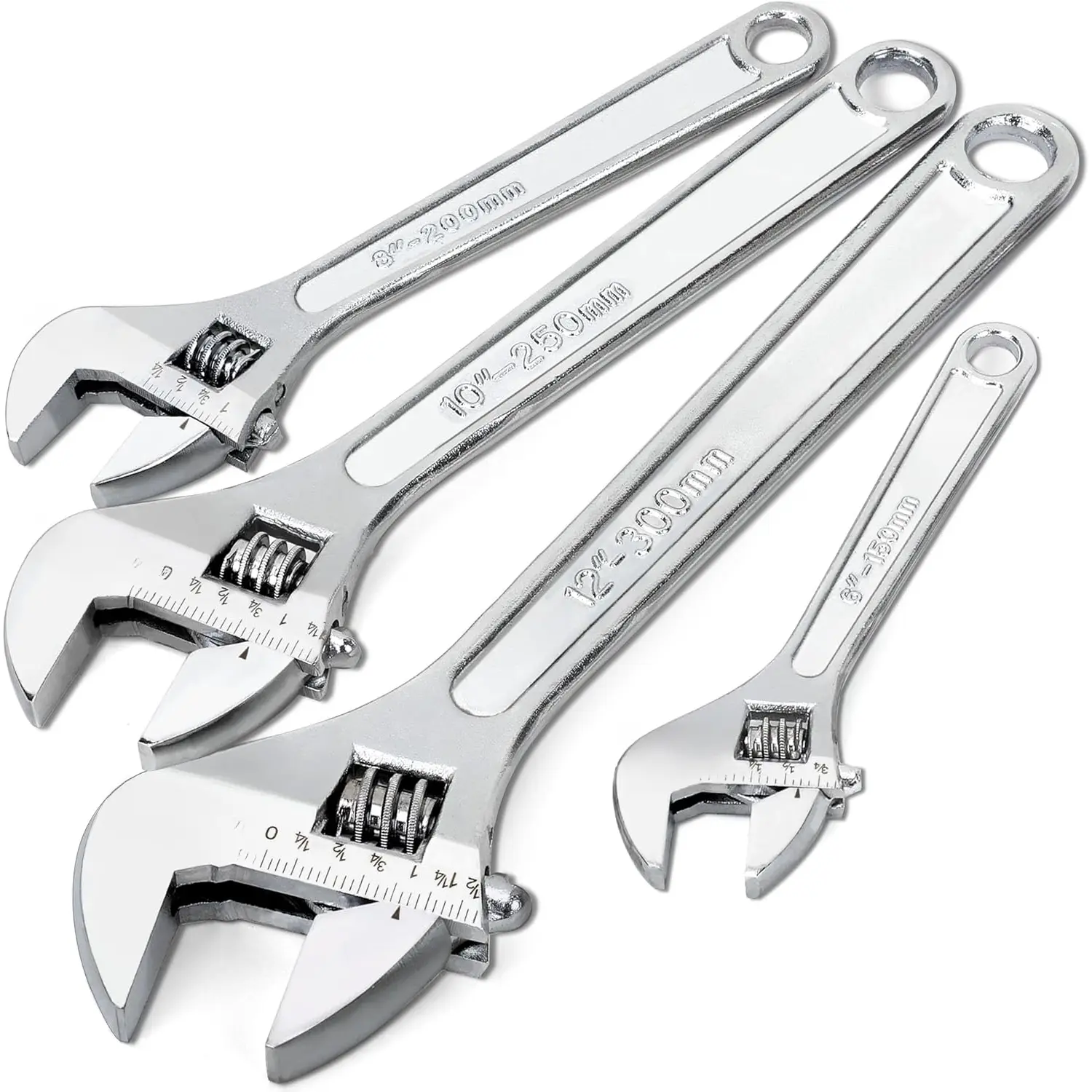 4- Adjustable Wrench Set with Wide Handle, Included 12-In, 10-In, 8-In, 6-In, Adjustable Wrench Set with Measurement Scales,  for Plumbing, Home and Garage Applications