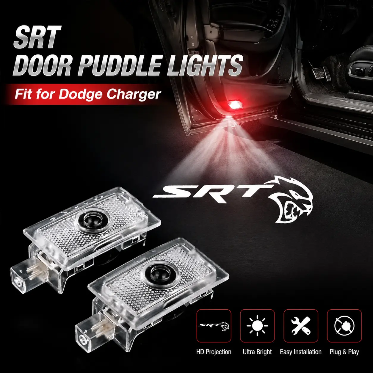 2 Pcs LED Door Puddle Lights for Dodge Charger & Challenger - HD Logo Projection Welcome Light (SRT Hellcat / Scat Pack / R/T), Car Puddle Lights, Car Logo Lights, Car Accessories Lamp, Car projector Light Embellishments