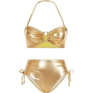 MakeMeChic Women's 2 Piece Gold Bikini Sets Metallic High Waisted Ruched Halter Tie Side Swim Bathing Suit