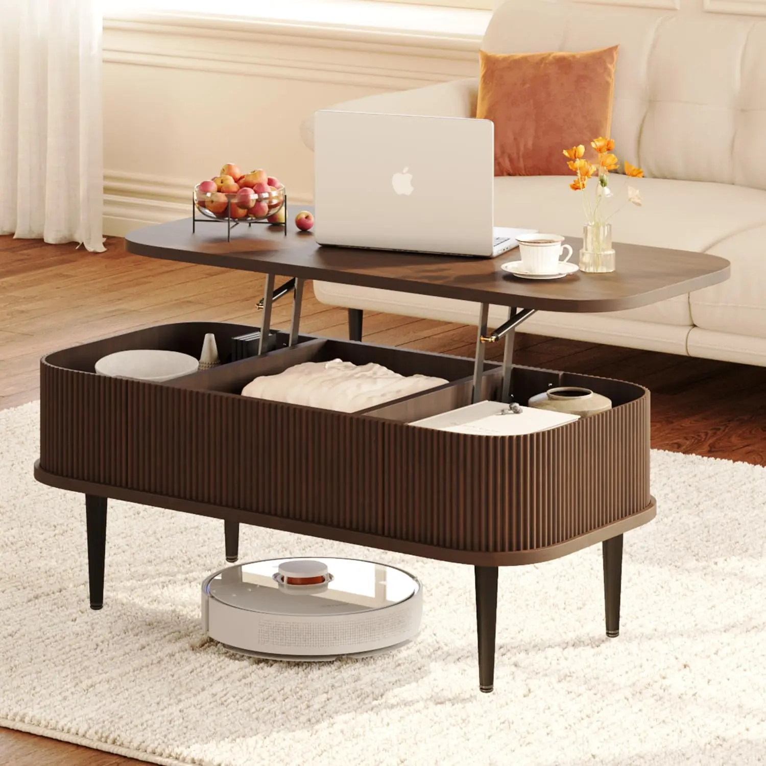 Lift Top Coffee Table for Living Room, Modern Fluted Coffee Table with Hidden Storage, Rectangle Center Table with Faux Marble Flip-Top for Home, Office, Walnut