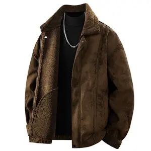 Men's Winter Fleece Lined Thickened Workwear Fur Collar Jacket Retro Casual Leather Coat