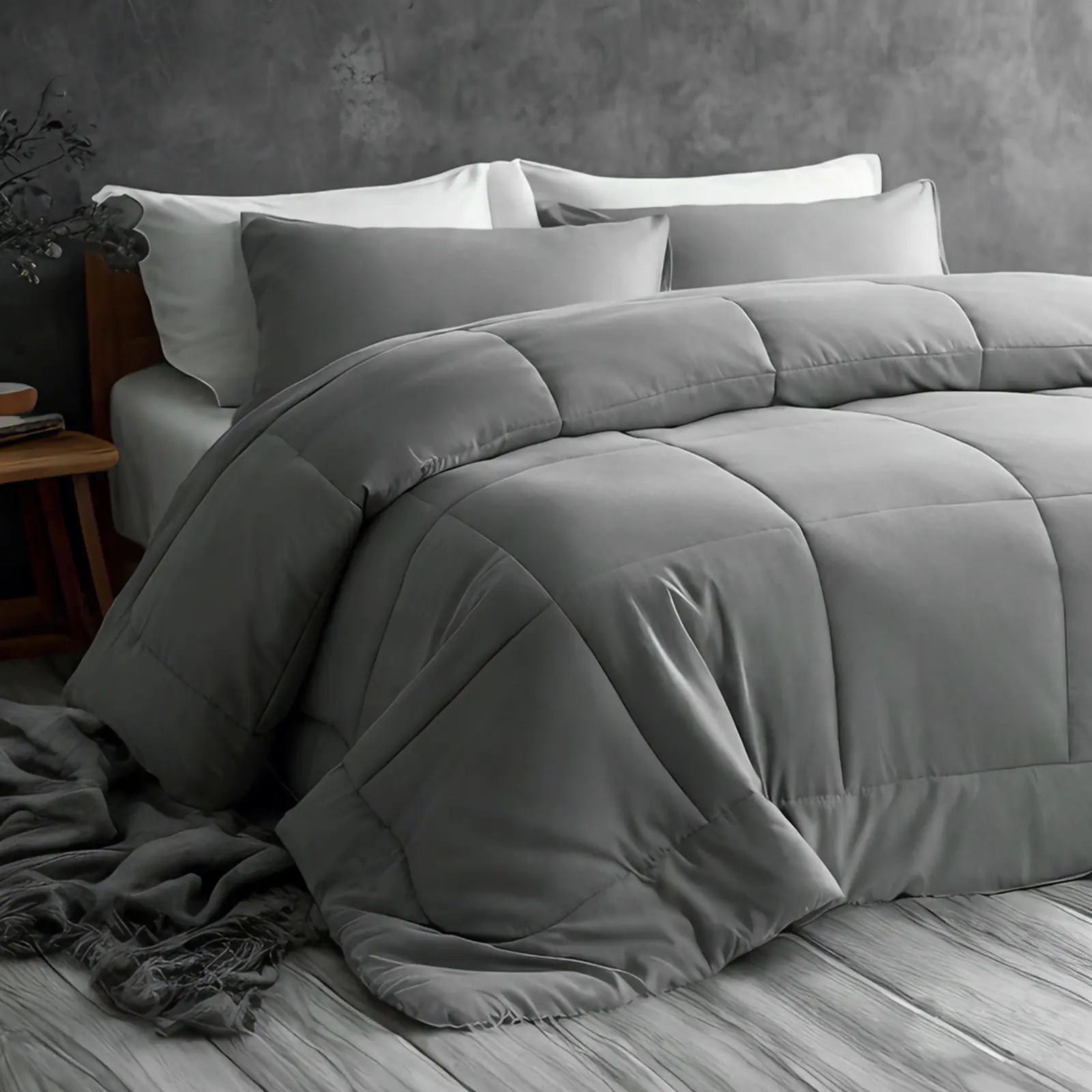 Down-alternative all-season microfiber quilted comforter; features hypoallergenic microfiber filling; breathable, lightweight, and easy-care with corner loops; machine washable; soft, lightweight, and luxurious feel; color: Smoke Gray.