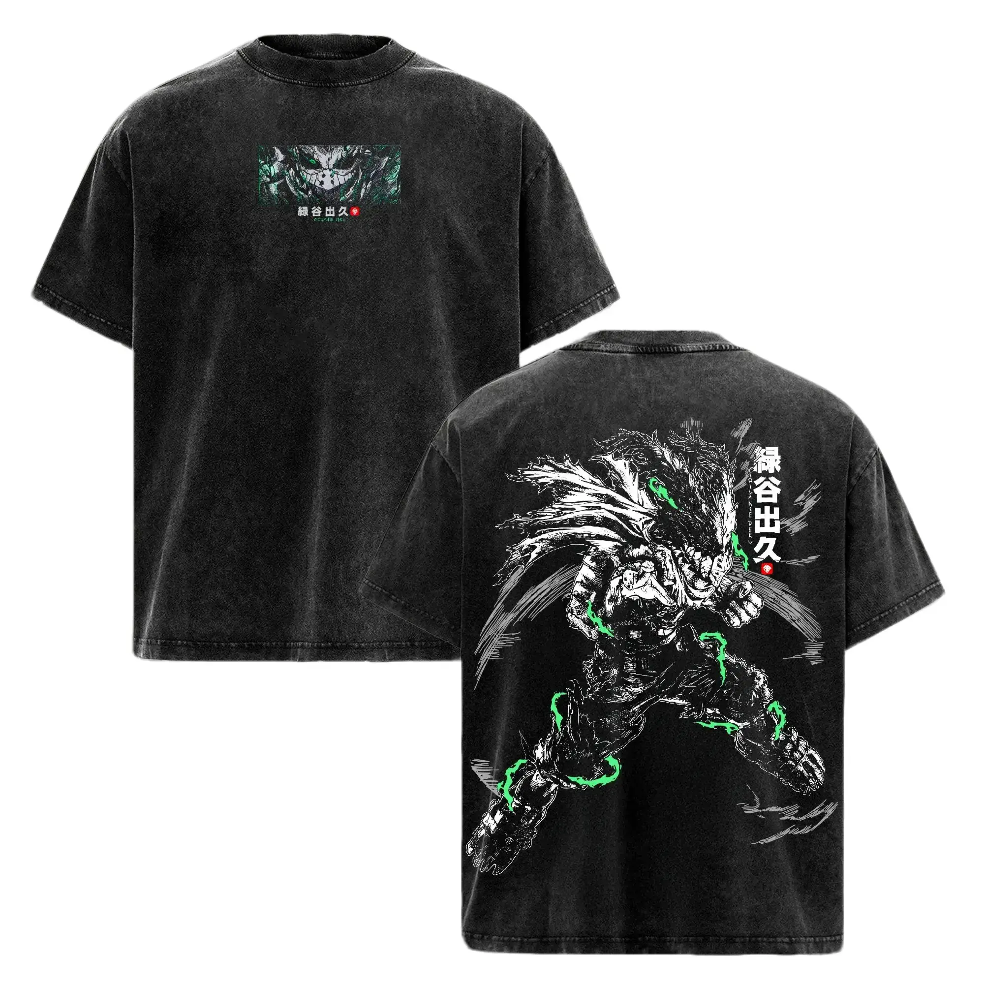 Dark Deku Graphic Tee My Hero Academia Oversized Vintage Acid Wash Shirt Soft Cotton Streetwear Anime Merch Gift For MHA Fans Men Women Unisex Casual Y2K Top Japanese Manga Apparel Gym Pump Cover Izuku Midoriya Vigilante Kisetsu Wear Cosplay Outfits Class