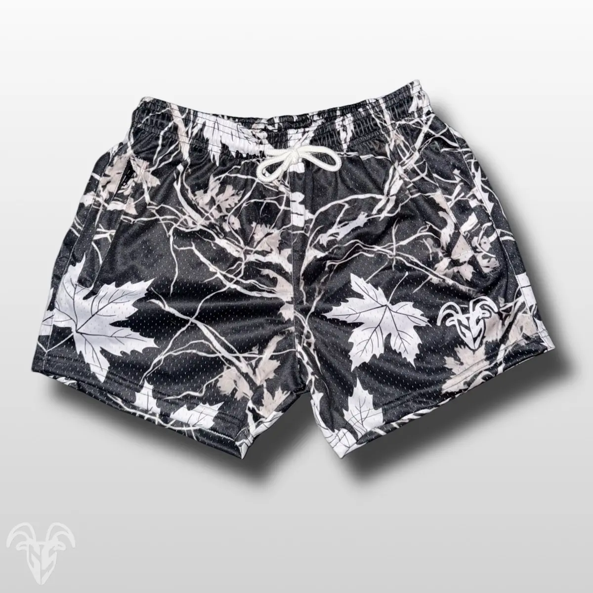 Goat Strength Black and White Maple Camo Shorts - 5 Inch Inseam, Breathable Elastic Workout Gym camouflage Shorts - Zipper Pockets outfits workout fit