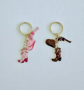 Cowgirl Charm Keychain, Cowgirl Boot Keyring, Cowboy Boot Enamel Keychain, Western Boot Hat Revolver Charms, Valentine's Gift, Gift for Her