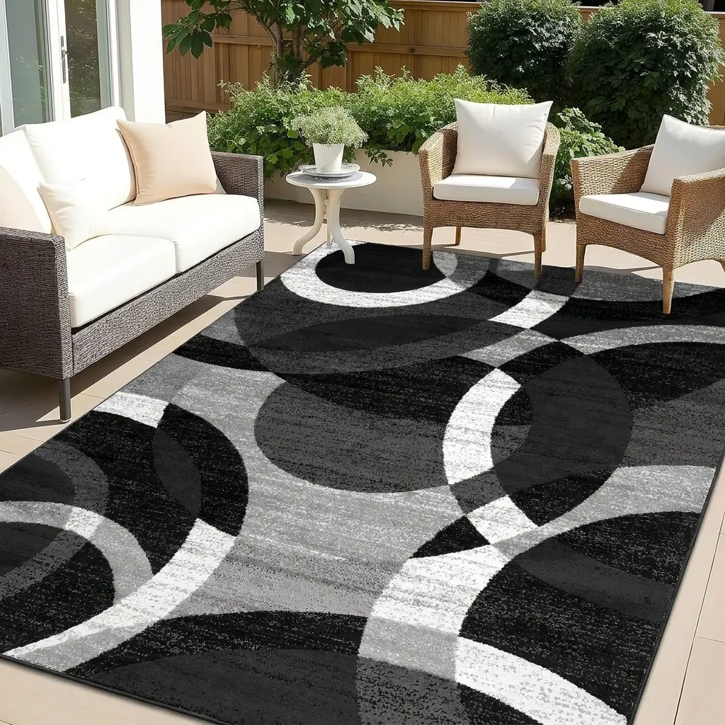 Velvet low-pile rug with an abstract circular print in black, gray, and white, stylish color palette, suitable for indoor and outdoor flooring decoration.