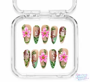 GakuNails ENCHANTED VINES 10 PCS Short Stilettos Handmade Press On Nails Builder Gel Enhanced 3D Flower Majestic Luxurious selectable size Reusable