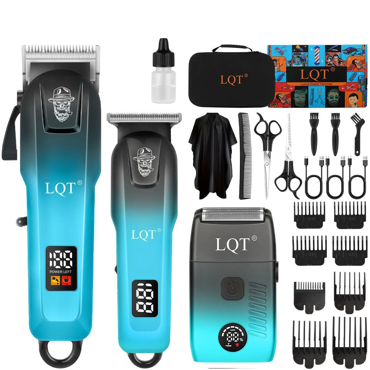 LQT 3-in-1 Cordless Men's Grooming Kit - Gradient Blue Hair Clipper, Engraved T-Blade Beard Trimmer, Foil Shaver with LED Display, USB Charge, Home Haircut & Barbershop Tools (Guide Combs, Scissors, Cape, Storage Case) for Face Smoothing & Hair Styling, B