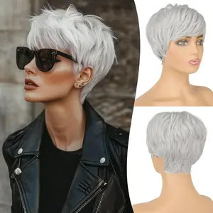 FESHFEN Pixie Cut Wigs Synthetic Short Pixie Haircut Wig with Bangs Glueless Layered Wavy Granny Gray Wigs for Women Men