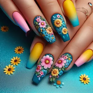 Flower Pattern Fake Nails with 1 Nail File & 1 Sticker Sheet, Removable False Nails for Women Girls Nail Art, Effortless Press on Nails Manicure Set