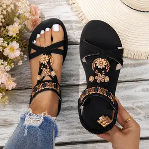 Women's Fashionable Summer Bohemian Trending Sandals, Lightweight Strappy Sandals, Boho Style Black Flat Sandals for Summer Beach Vacation, Versatile Shoes for Women & Girls, Footwear, Casual Trendy Sandals, Ankle Strap Sandal