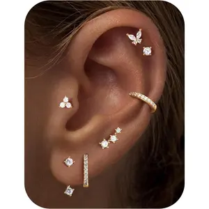 Hypoallergenic Earring Jacket Stacks - 7 Pairs 14K Gold Plated Flat Back Earrings Dainty Huggie Hoop Cartilage Helix Earring Jacket, Fashion Accessories Western Jewelry Gifts