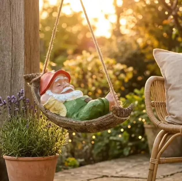 Hanging  Gnome Statue in Hammock - Whimsical Outdoor  for Patio, Yd - Cozy Gift for Plant Lovers garden decor supply funny decoration sculpture lawn