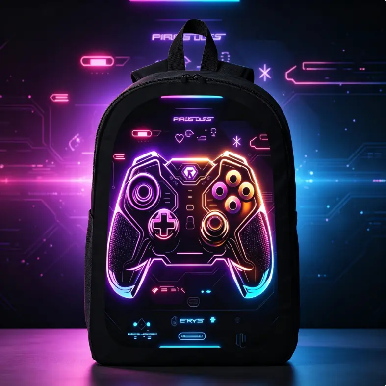 Neon Cyber-Style Gaming Controller Backpack – Unisex, suitable for students and teens; features a laptop compartment and serves as a casual daypack for boys and girls; ideal for school, travel, or back-to-school gifting.