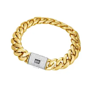 [2pcs Set]18K Vacuum-gold Plated Ice Out Street Stainless Steel Miami Cuban Link Chain Hip Hop Necklace and Bracelet with 5A+ Canada Zircon CZ Jewelry Fashion Accessory Men Women unisex Monaco italy Mexico & Micro for Boyfriend Valentines Birthday Gift