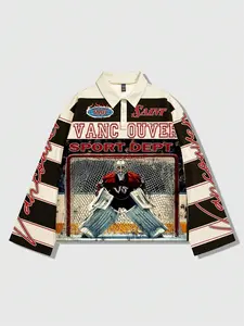 Prep Men's Printed Long Sleeve Striped Polo Collar T-Shirt, Casual College Style Top