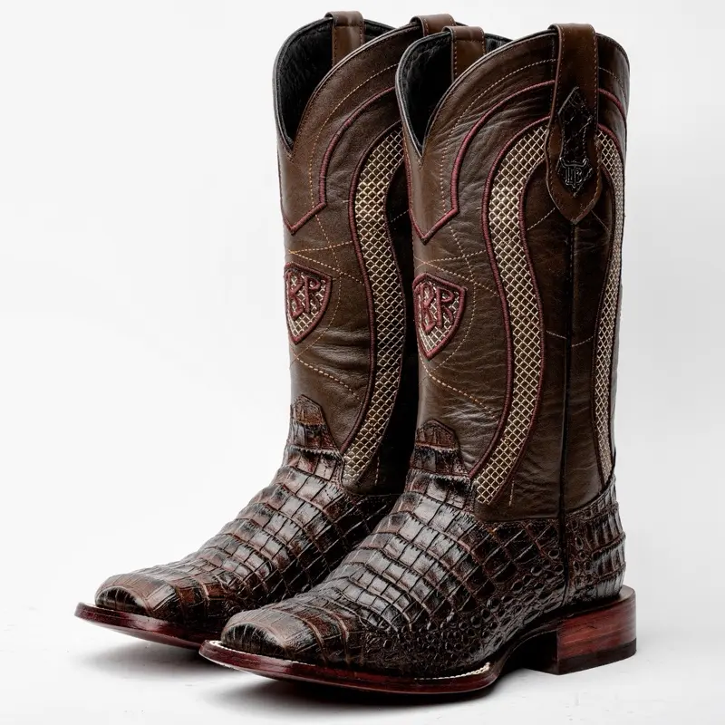 Chocolate Brown Belly PRINT Leather Boots - Square Toe