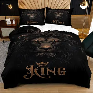 Dark Crown Lion Bedding Set, Kingly Animal Print Bed Sheets, Soft Fabric, All Seasons Suitable, 1 Fitted Sheet and 1/2 Pillowcases