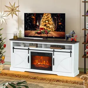 Parrot Uncle 68" Farmhouse TV Stand with 23" Insert Opening Electric Fireplace White Barn Door Design for Living Room cozy