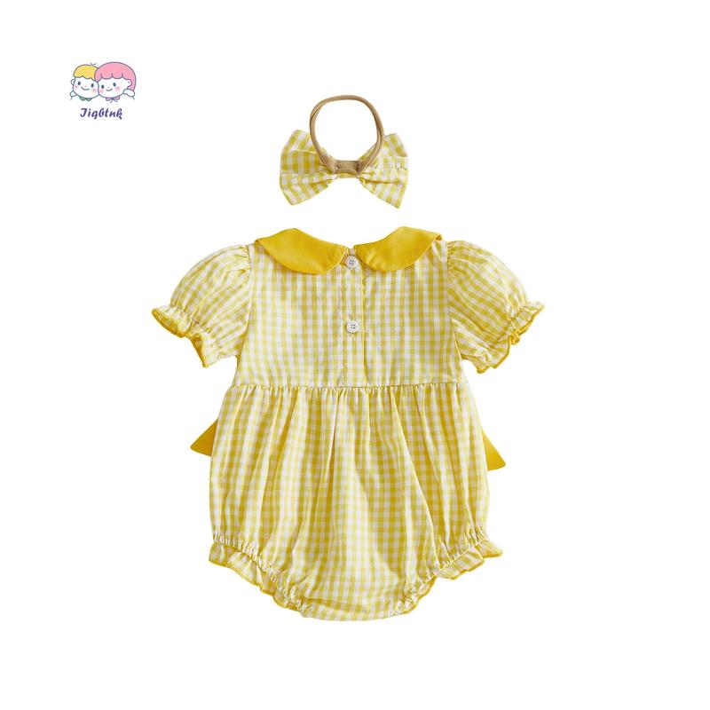 Baby Girl Easter Outfits Short Sleeve Chick Embroidery Romper with Headband Set Newborn Clothes
