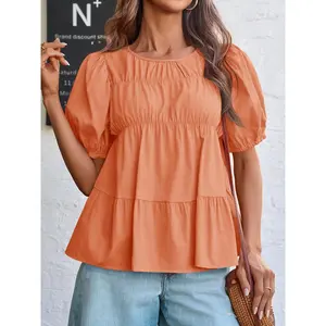 FMEYOA Womens Puff Sleeve Peplum Babydoll Tops Summer Smoked Pleated Cotton T-Shirts Casual Loose Fit Flowy Blouse