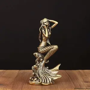 Brass Mermaid Statue, Beautiful Female Figure Sculpture, Creative Handicraft Ornament for Home Living Room & Office Decor, Ideal Gift