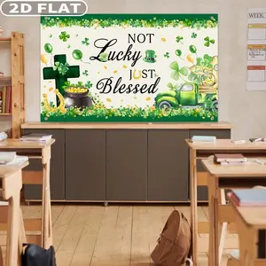 2D FLAT 1 Count St Patrick's Day Party Festive Backdrops & Banners, Photo Booth Props, 70.8x43.3 Inch & 94.4x70.8 Inch Polyester Not Lucky Just Blessed Photography Background Shamrock Cross Christian Irish Happy St Patrick's Day Party Decor Banner