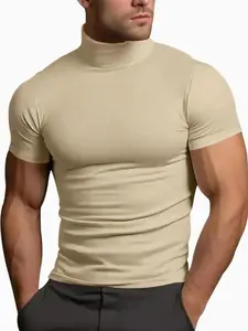 2026 Men's Solid Color Turtleneck Tee, Casual Comfy Short Sleeve T-shirt for Summer, Men's Top for Daily Wear, Tropical, Menswear