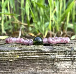 Genuine Moldavite and 4mm faceted Lepidolite Beaded Bracelet