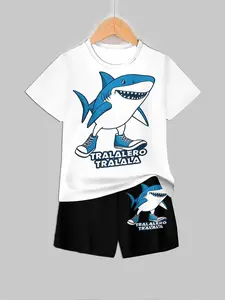 Cartoon Shark Letter Print Short Sleeve Shorts Set Outfit, Cute Trendy Kids Clothing, Summer Fashion