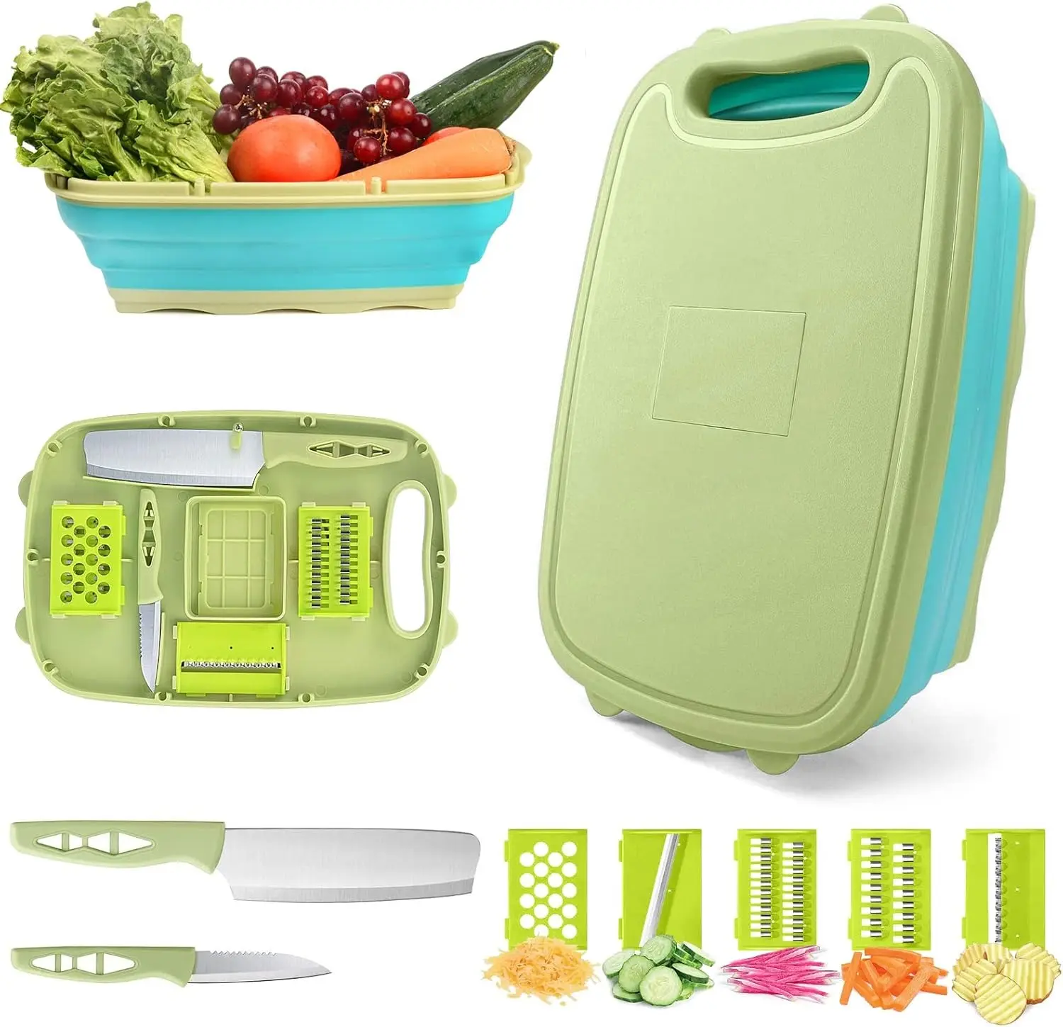 Camping Cutting Board, Collapsible Chopping Board with Colander, 9-In-1 Multi Chopping Board Kitchen Vegetable Washing Basket for Camping,Camping Gifts Camping Accessories for RV Campers