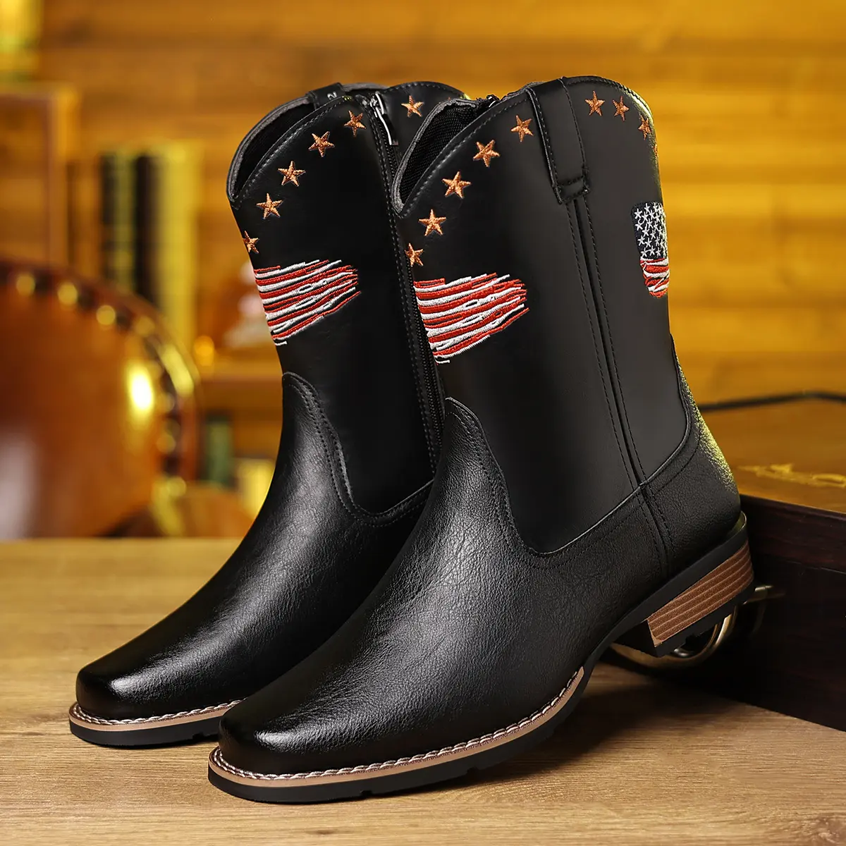 Men's Western Cowboy Boots Faux Leather with Embroidered Flag & Star Side Zipper Non-Slip Rubber Outsole Breathable Retro Style for Daily Wear Rodeo & Motorcycle,holiday boots,slip resistant work boot, Retro Combat Boots para hombre,square toe men Summerv