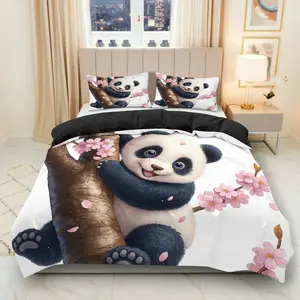 3PCS Duvet Cover Set, 1 Duvet+2 Pillowcases(Without filler), Panda Cherry Blossom Cute Nature theme, Spring bedding set, Animal Print Suitable for decoration bedroom, living room, guest room, dormitory.