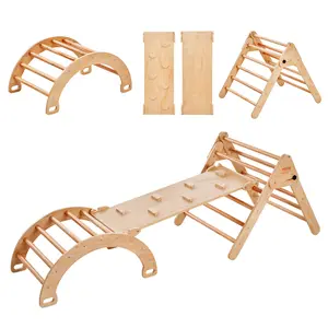 【fathersdaygift】VEVOR Pikler Triangle Set, 5 in 1 Toddler Climbing Toys Indoor Playground, Ramp, and Arch, Montessori Climbing Set with Triangle, Large Size Wooden Climbing Gym for Toddlers 1-3 Years, Wood Color