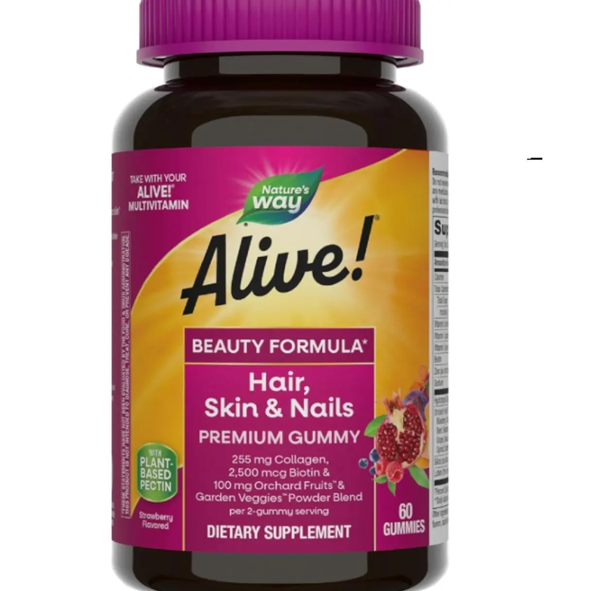Nature's Way Alive! Hair, Skin & Nails Premium Gummies, Beauty Formula*, with Collagen, Biotin, Vitamins C & E, Strawberry Flavored, 60 Gummies