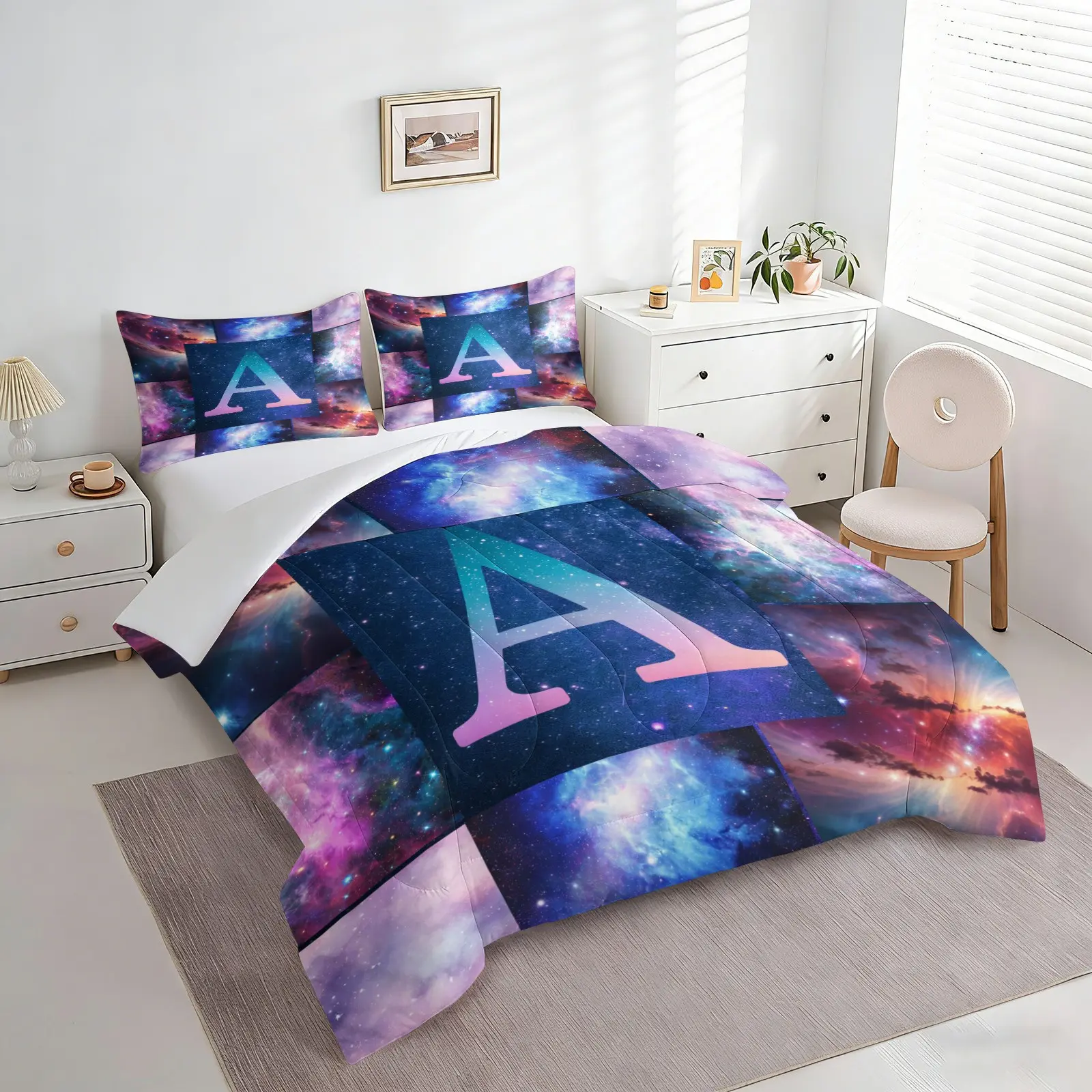 2/3Pcs Space Galaxy Initial A-Z Comforter Set, Cosmic Nebula Print Quilt Bedding Set with Pillowcases, Purple Outer Bedding for Teens Girls Boys Kids Children Bedroom, Cool Aesthetic Home Decor