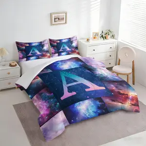 2/3Pcs Space Galaxy Initial A-Z Comforter Set, Cosmic Nebula Print Quilt Bedding Set with Pillowcases, Purple Outer Bedding for Teens Girls Boys Kids Children Bedroom, Cool Aesthetic Home Decor