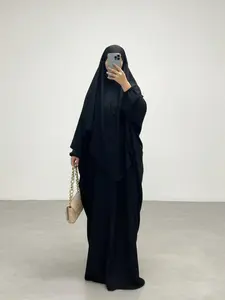 Women's Solid Long Sleeve Abaya & Hijab Set, Modest Fashionable Two-piece Outfits for Women, Women's Islamic Clothing for Daily Wear, Modesty Muslim Clothing