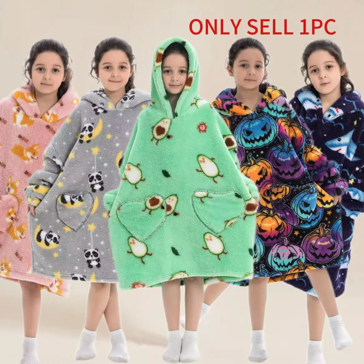 Kids Print Loungewear Hoodie, Cute Cartoon Patterns, Heart Pockets, Unisex Fit, Cozy Warm Winter Sleepwear, Hooded Wearable Blanket, Loungewear Sweatshirt Blanket