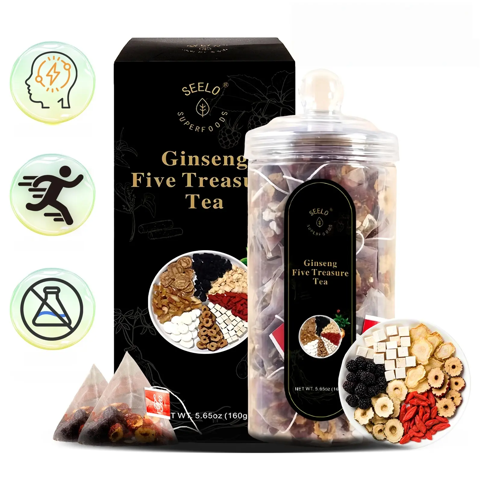 Seelo Ginseng Herbal Tea Bags Made from Ginseng, Jujube, Mulberry, Dried Maca Slices, Wolfberry, Rhizoma Polygonati, Poria, And Yam, Designed to Boost Energy And Enhance Focus.