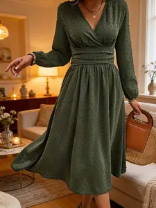 Women's Long Dress Casual Holiday Style Plain Color Waist Cinching Design Daily Wear Elegant Fashionable Women Clothing