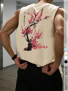 Muscle-Fit Men's Sleeveless Tank Top, Japanese Samurai Aesthetic with Floral Print, Quick-Dry Breathable Fabric for Gym, Streetwear, Athletic Tops