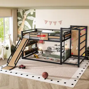 Bellemave  Metal loft/bunk bed with basketball hoop, pull tab, climbing wall, and built-in bookshelf. Amusement design featuring slides